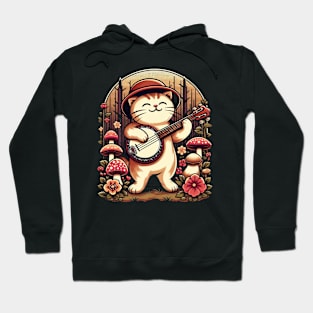 Cute Cottagecore Aesthetic Cat Playing Banjo Mushroom Hoodie